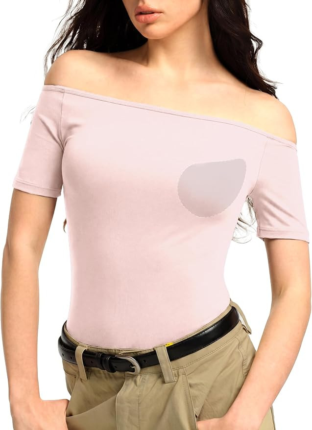3 Ways-wear Built-in Bra Short Sleeve Shirts Boat Neck/Off Shoulder/One Shoulder Top Seamless Str... | Amazon (US)