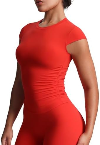 Aoxjox Women's Cap Sleeve T-Shirts Crew Neck Velura Ruched Tee Without Padded Workout PlushFlex... | Amazon (US)
