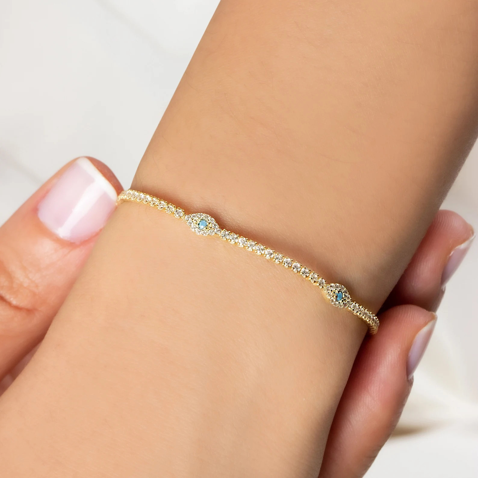 Silver Evil Eye CZ Tennis Bracelet in 18K Gold, Turquoise Evil Eye CZ Diamond Bracelet, Blue Eye ... | Etsy (US)