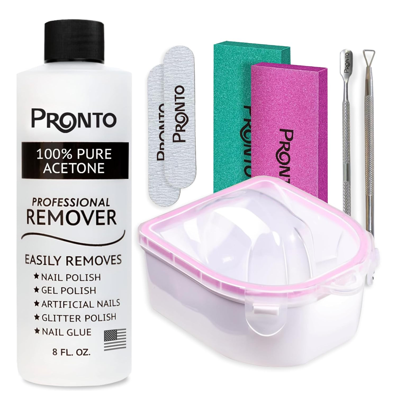 Pronto Gel Nail Polish Remover Kit – 8 Oz Pure Acetone 100 Percent, Nail File & Nail Polish Soak Off Bowl for Nail Care + Manicure Set with Nail Buffer Block, Cuticle Pusher & Nail scraper | Amazon (US)