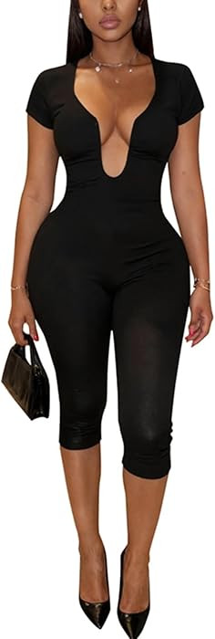 Sexy Jumpsuits Cut Out U Neck Short Sleeve Top Capri Pants Romper One Piece Capri Jumpsuits Going... | Amazon (US)