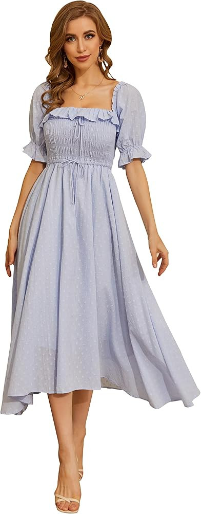 R.YIposha Women Vintage Elastic Square Neck Ruffled Half Sleeve Summer Backless Beach Flowy Maxi ... | Amazon (US)