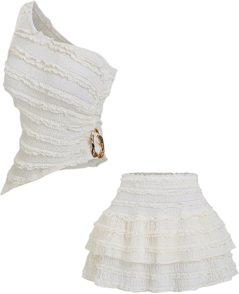 SOLY HUX Women's 2 Piece Skirt Sets Y2k One Shoulder Tank Tops and Ruffle Layered Mini Skirt Summ... | Amazon (US)