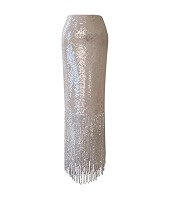 Women's Summer One Shoulder Beige Sequined Skirt High Waist Hem Tassel A-Line Skirt Suit | Amazon (US)