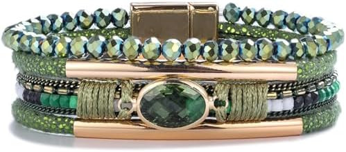FANCY SHINY Leather Wrap Bracelets Crystal Beads Bracelet Boho Cuff Stone Charm Bracelets with Cl... | Amazon (CA)