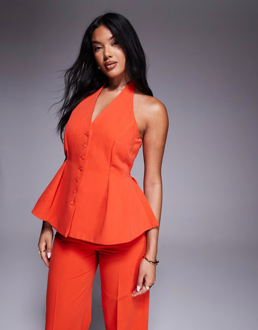 Mango halterneck peplum hem button up top in red - part of a set | ASOS (Global)
