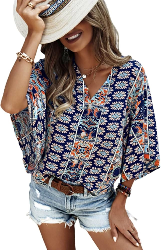 SOLY HUX Women's Boho Print V Neck 3/4 Bell Sleeve Button Front Summer Blouse Top | Amazon (US)