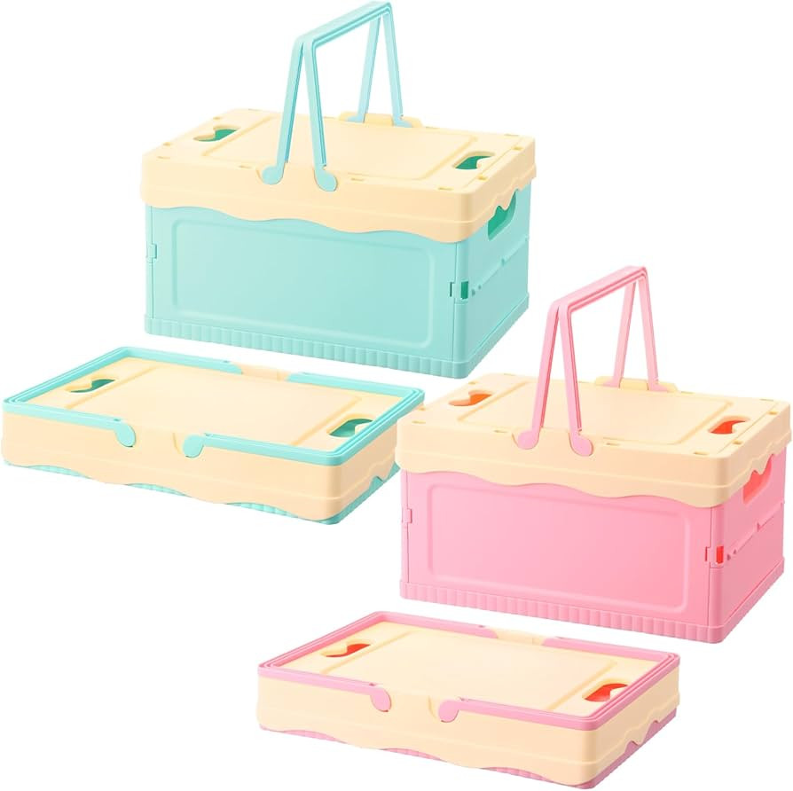2 Pcs Pastel Plastic Storage Bin with Lid and Handle Cute Collapsible Storage Crates Foldable Pla... | Amazon (US)