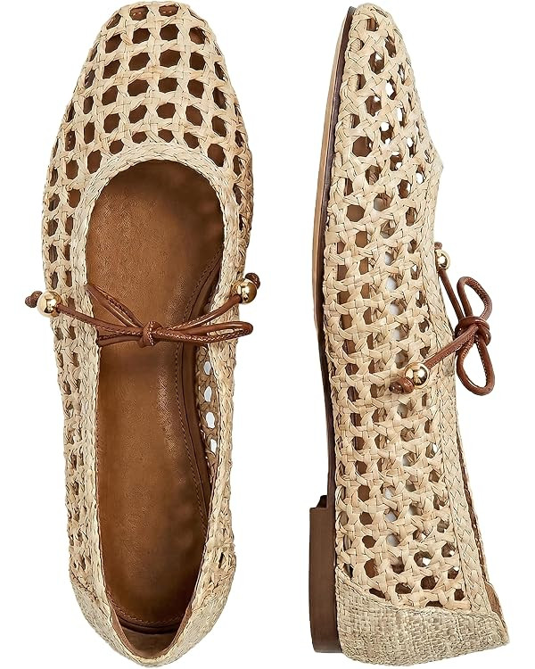 Women Woven Mesh Ballet Flats Raffia Lace up Ballerina Mary Jane Flats Fashion Casual Slip on Sho... | Amazon (US)