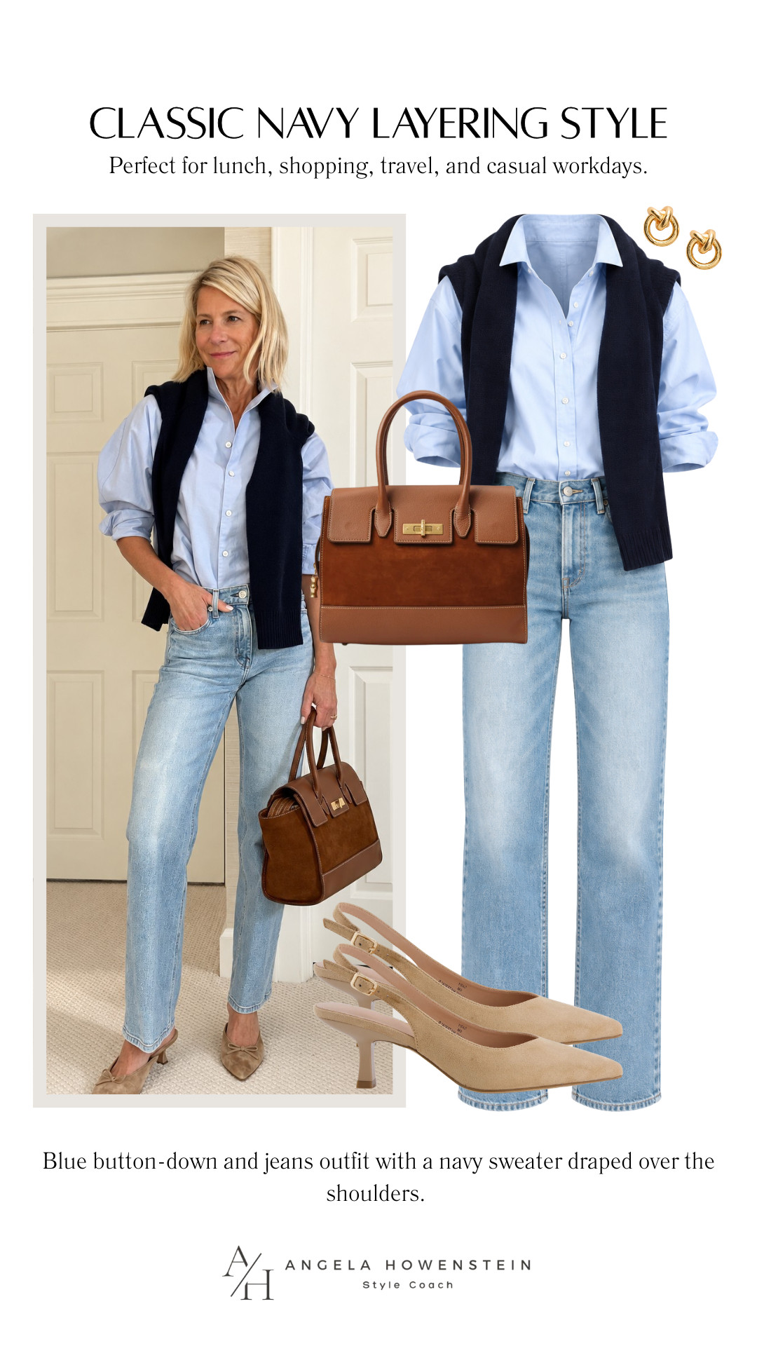 A classic blue button-down and jeans are always a good idea! I love adding a navy sweater over the shoulders for an extra layer and finishing with neutral slingbacks and cognac accessories. It’s an easy, polished outfit that works for lunch, shopping, travel, or a casual day at the office.

👩‍💻 LTK PRO TIPS
❤️ Heart = Support my posts ;-)
🔖 Save = Get sale & restock alerts for the things you love!
📋 Lists = Keep favorites organized (List ideas: Christmas, Birthdays, and Vacations!)
📲 Share = Send lists and products to a friend (or your daughters like me).
💬 Comment = Ask me anything, and I’ll answer. ;-) 

 #LTKootd #LTKSeasonal #LTKOver40