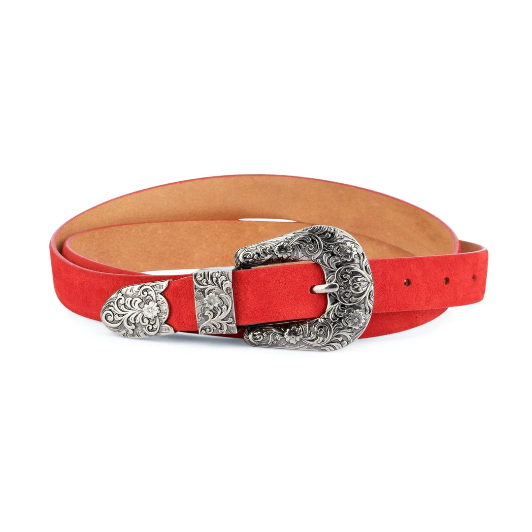 1 Inch Womens Western Belt Red Suede Belt 1 Belt Vintage Silver Buckle Belt Cowgirl Belts Women's... | Etsy (US)