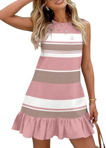 SHEWIN Dresses for Women 2026 Casual Summer Striped Sundresses Ruffle Hem Sleeveless Mini Tank Dr... | Amazon (US)