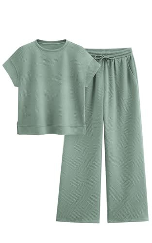 PRETTYGARDEN 2 Piece Outfits For Women Casual Tracksuit Short Sleeve Tops And Wide Leg Long Pants Matching Lounge Sets(Sage Green,Large) | Amazon (US)