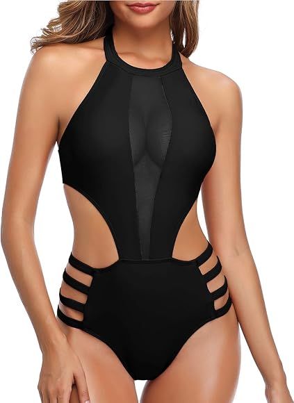 Women One Piece Mesh Swimsuit High Neck Halter Cutout Monokini Swimwear | Amazon (US)