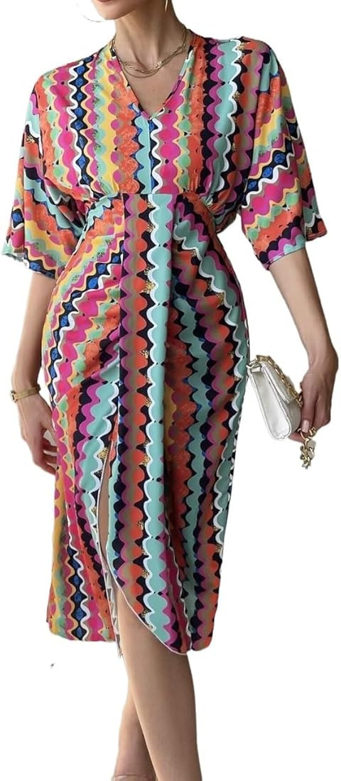 ZOKIVA Womens Summer Dress Allover Print Batwing Sleeve Split Hem Dress | Amazon (US)