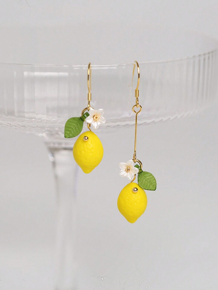 2 Pcs Original Cute Resin Lemon And Flower Drop Earrings For Women Daily Wear Valentines,Mom,Moth... | SHEIN