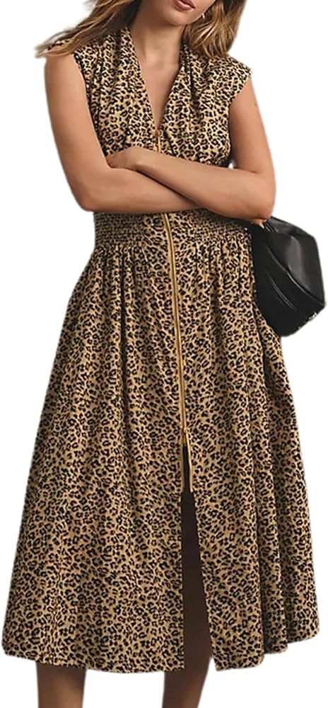 YEMOCILE Womens Leopard Print Zip Midi Dress Sleeveless Smocked High Waist Flowy Dresses Casual A... | Amazon (US)