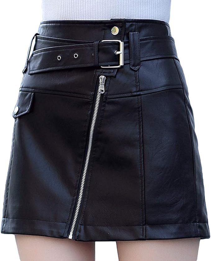 Itemnew ebossy Women's Cool Oblique Zip High-Waist Faux Leather Mini Skirt with Belt | Amazon (US)