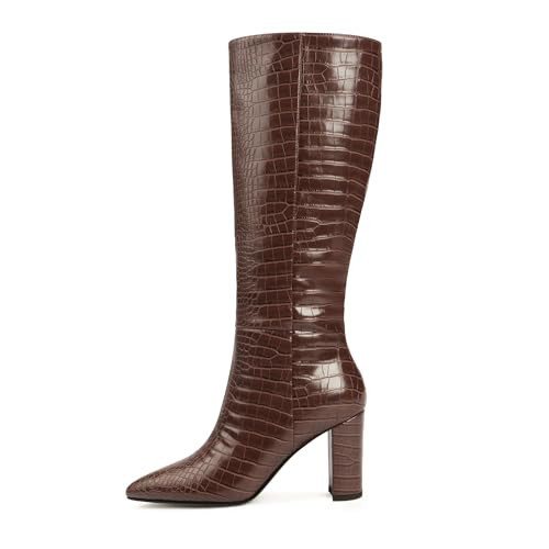Modatope Brown Knee High Boots Women Crocodile Chunky Heel Tall Boots for Women Pointed Toe High Heel Boots for Women Side Zipper Heeled Womens Boots Size 6.5 | Amazon (US)