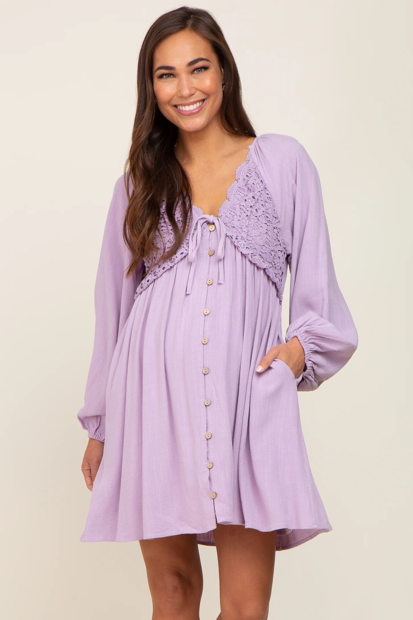 Lavender Crochet Lace Button Front Maternity Dress | PinkBlush Maternity