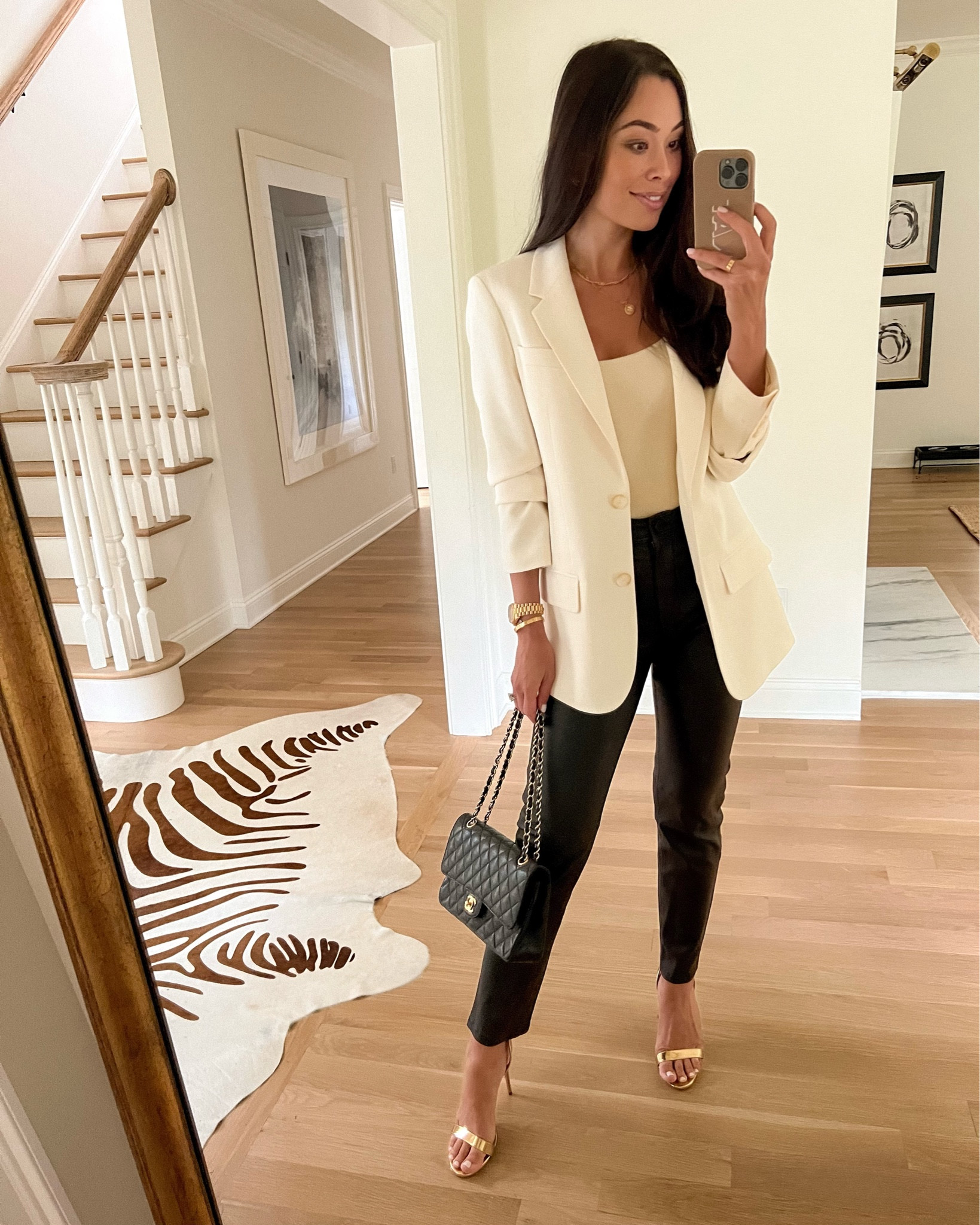 Kat Jamieson wears a Joseph cream blazer, Abercrombie bodysuit, Joseph leather pants, and gold heels to an event. Workwear, office style, work, formal, dressy, cocktail attire. 

#LTKshoecrush #LTKSeasonal #LTKworkwear