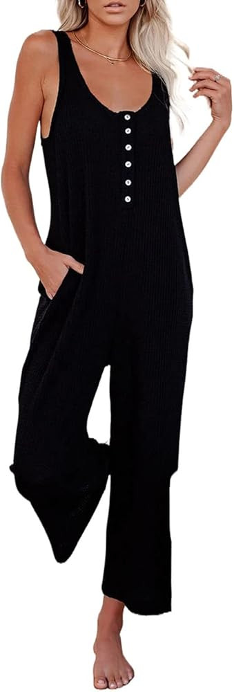 ROSKIKI Womens Solid Casual Loose Sleeveless Button Down Cropped Jumpsuit Pants with Pocket | Amazon (US)