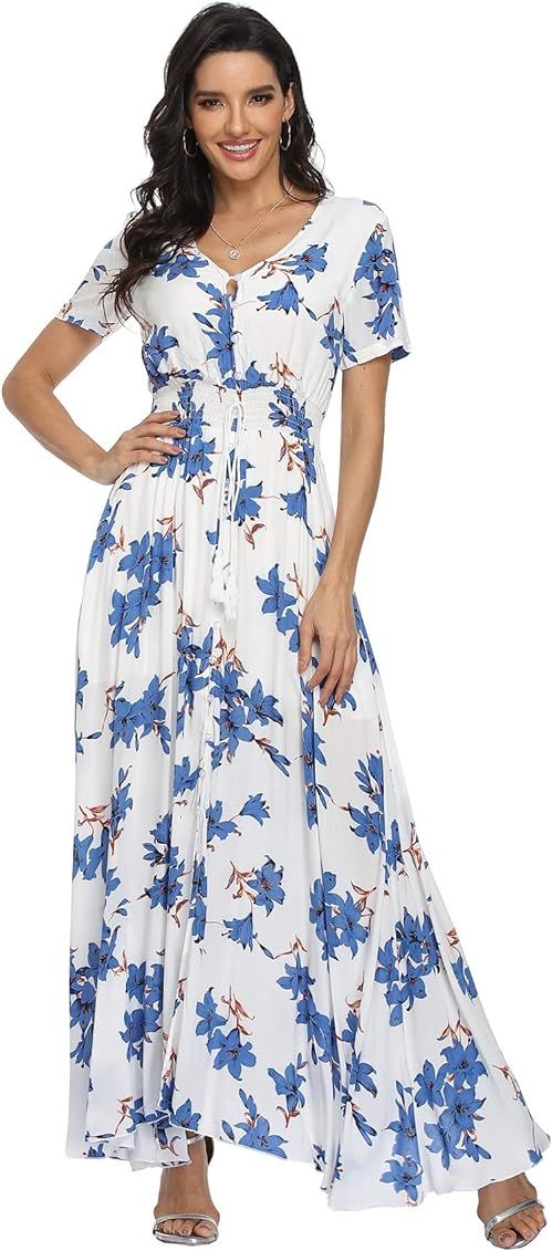 VintageClothing Women's Floral Print Maxi Dresses Boho Button Up Split Beach Party Dress | Amazon (US)