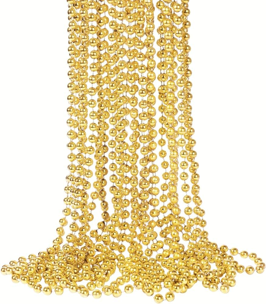 YAXINRUI 33 Inch 7 mm Metallic Gold Bead Necklaces, 15pcs Mardi Gras Beads Bulk Round Beaded Neck... | Amazon (US)