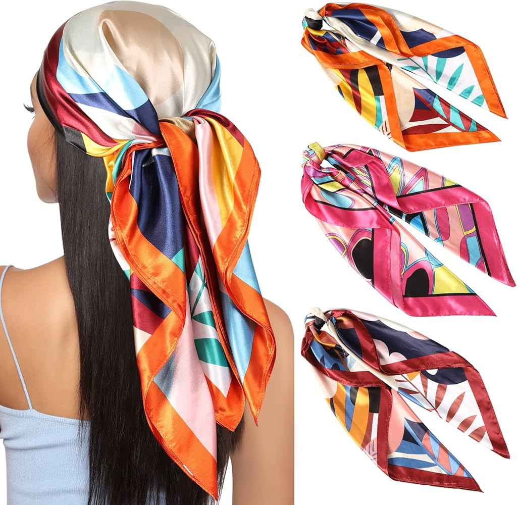 AWAYTR 35” Large Square Satin Head Scarf - 3Pcs Satin Hair Scarves Silk Bandana Scarf Headscarf... | Amazon (US)