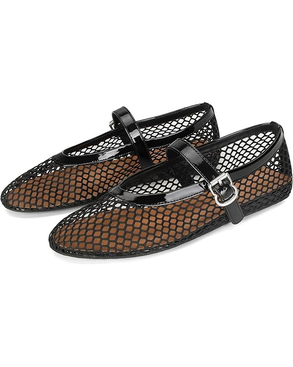 DOEYG Mesh Ballet Flats for Women Buckle Strap Comfy Casual Office Fishnet Ballerina Flat Shoes | Amazon (US)