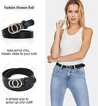 Double Ring Leather Belts for Women SANSTHS O-Style Gold Buckle Skinny Dress Belt 0.86 inch Width... | Amazon (US)