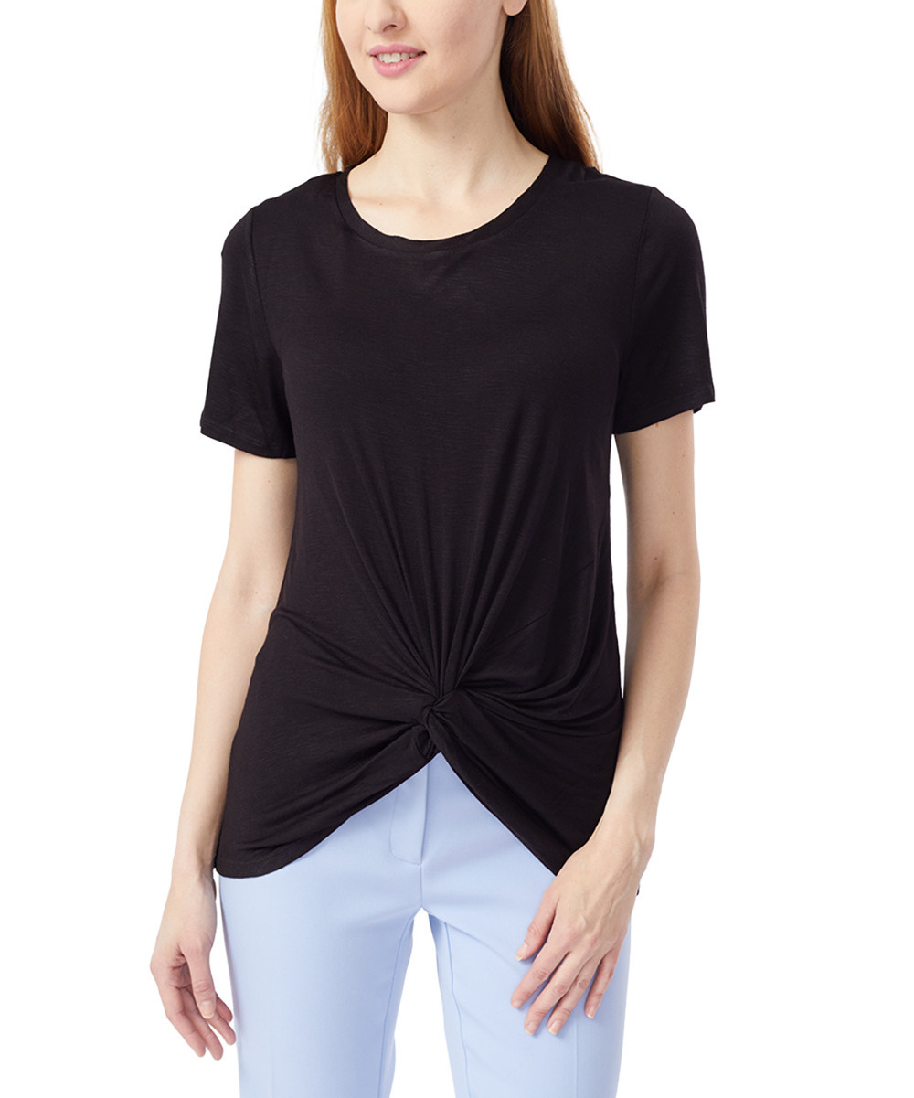 Jones New York Women's Tee Shirts BLACK - Black Twist-Front Short-Sleeve Top - Women | Zulily