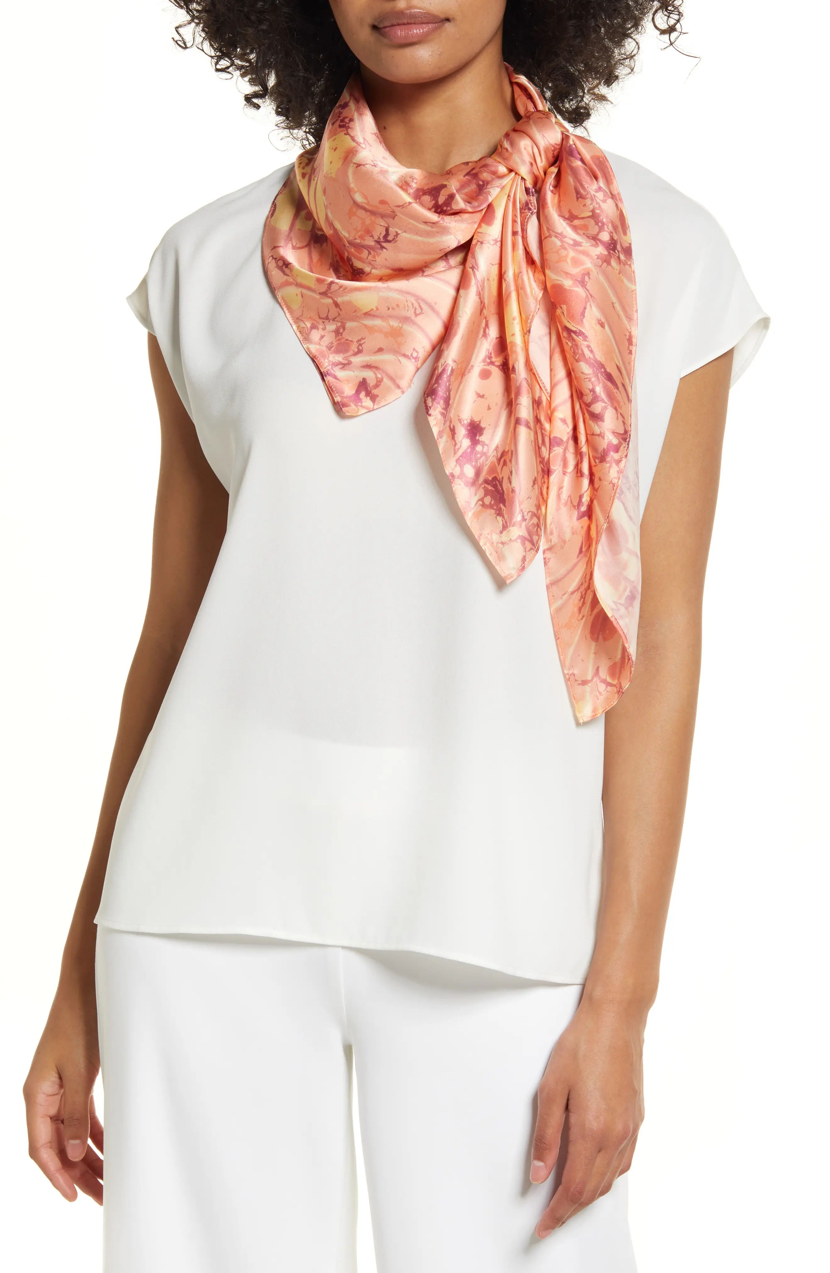 Nordstrom Large Silk Floral Square Scarf in Coral Stylized Marble at Nordstrom | Nordstrom