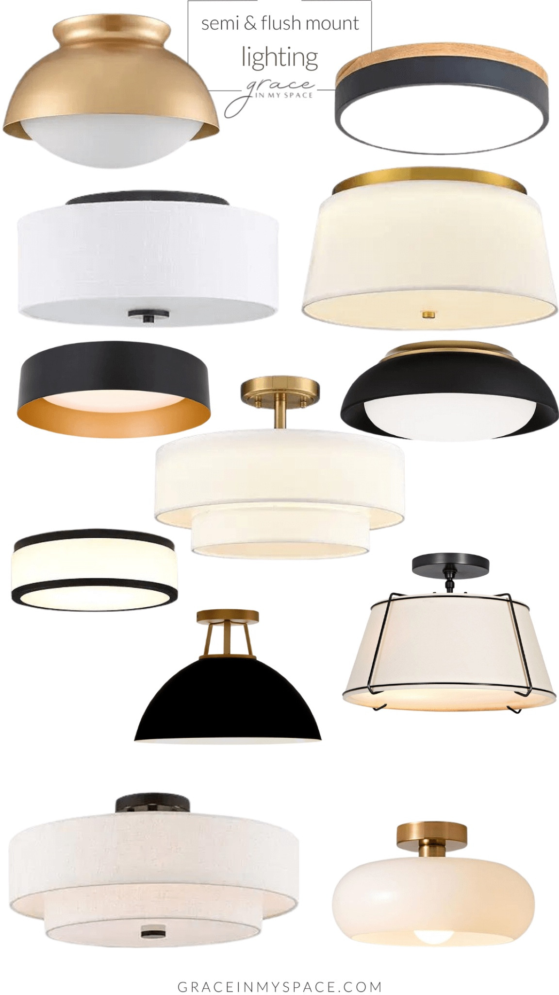 Modern and simple flush mount lighting in black and white tones with some gold fixtures  

#LTKhome #LTKfindsunder100 #LTKsalealert