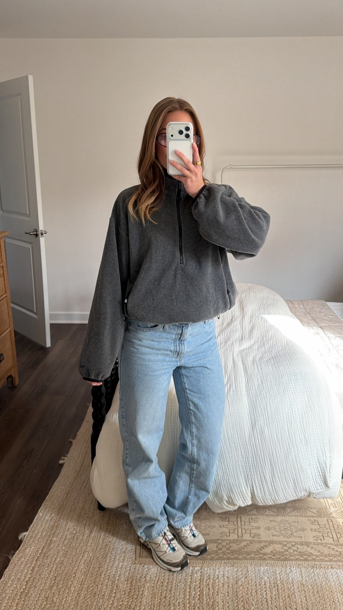 11/19/25 Today’s cozy errands / loungewear look — effortlessly comfortable but still cute:

Linked:
	•	Salomon Sneakers (my everyday comfy go-tos)
	•	Levi’s Baggy Jeans — one of my forever favorites
	•	Aritzia Grey Fleece — the perfect Miu Miu–inspired dupe + such a good gift idea
	•	Oval Fashion Glasses from Amazon

Cozy, practical, and the perfect neutral outfit for this chilly season.

#LTKGiftGuide #LTKootd #LTKSaleAlert