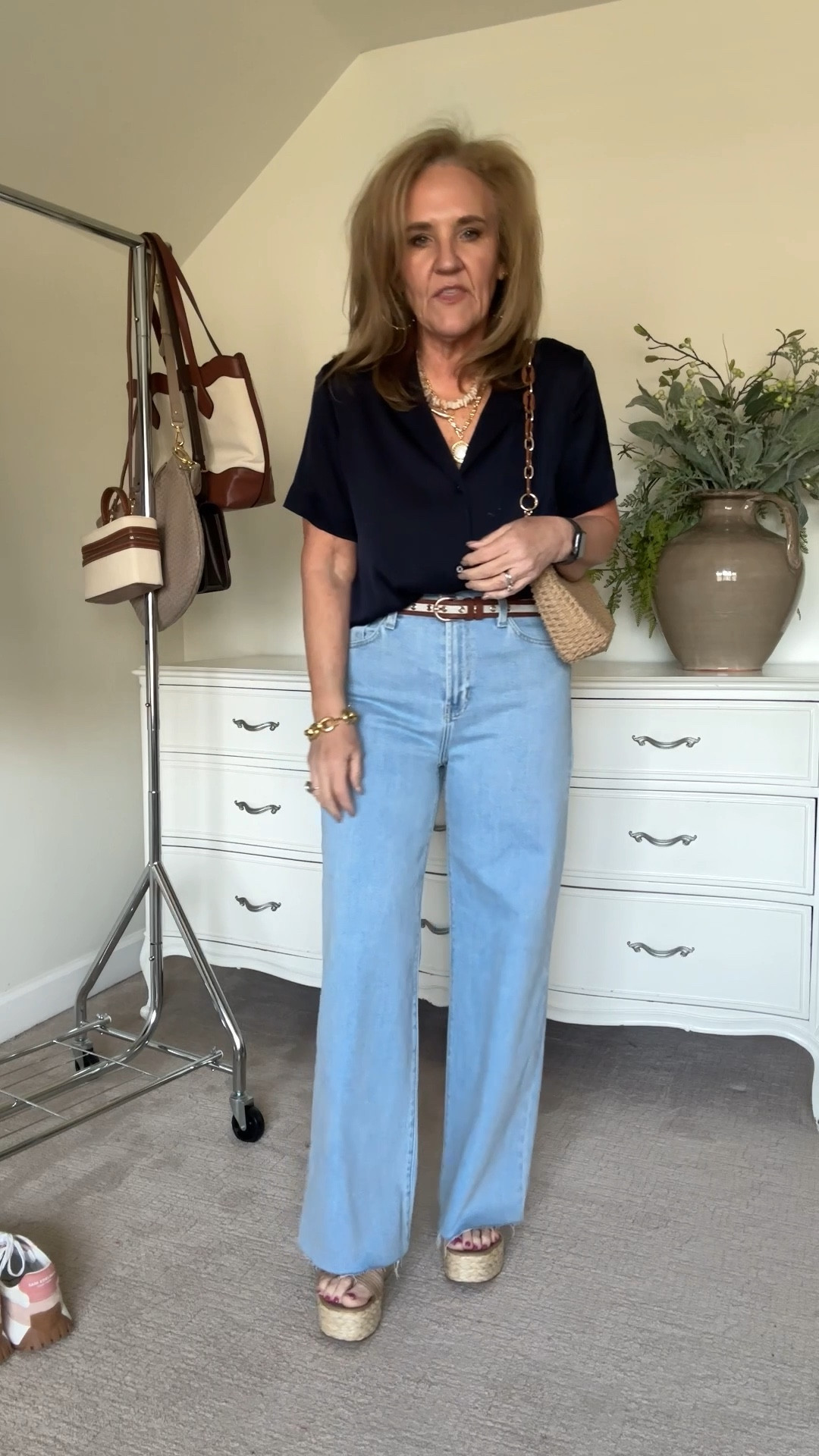 Silk blouse size medium jeans size 29 reg I cut about 3 inches off the bottom and left a raw hem use my code NANETTE15 for 15% off your Avara order
This is the belt you need for all your spring summer 
And I love my woven bag from Amazon comes with two straps
Also linking several Rafia platform sandals as mine are sold out right now 

Instagram live light wash, jeans, wide leg, jeans, quince, silk jeans, and a top

#LTKFindsUnder100 #LTKOver40 #LTKWatchNow