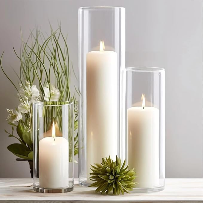 12-Pack White Pillar Candles with Clear Hurricane Glass Vases - 3-Size Set for Wedding Table Cent... | Amazon (US)