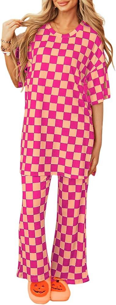 Women 2 Piece Outfits Casual Checkered Half Sleeve Pullover Top and Wide Leg Pants Matching Loung... | Amazon (US)