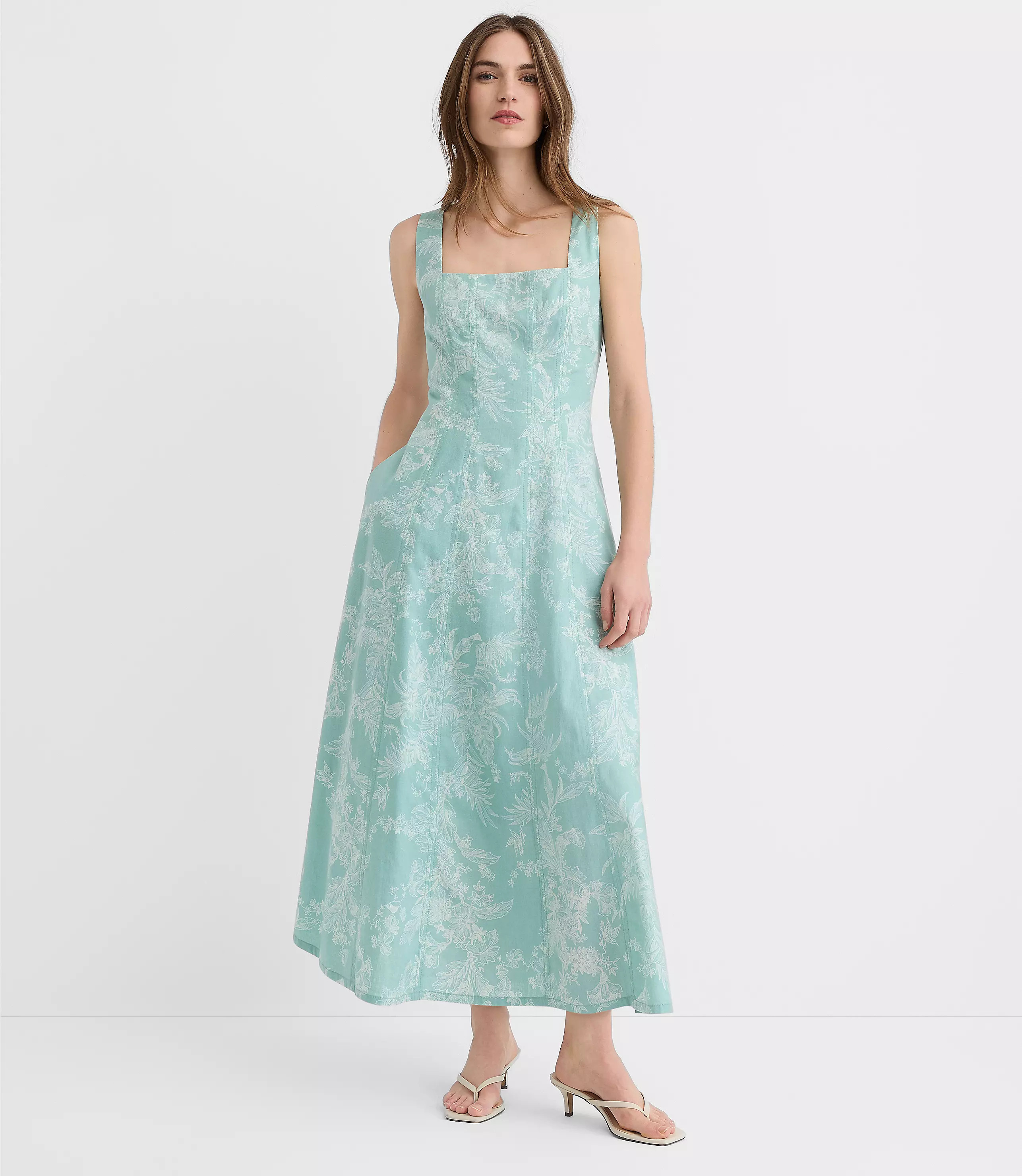 Floral Toile Linen Cotton Seamed Midi Pocket Dress | LOFT