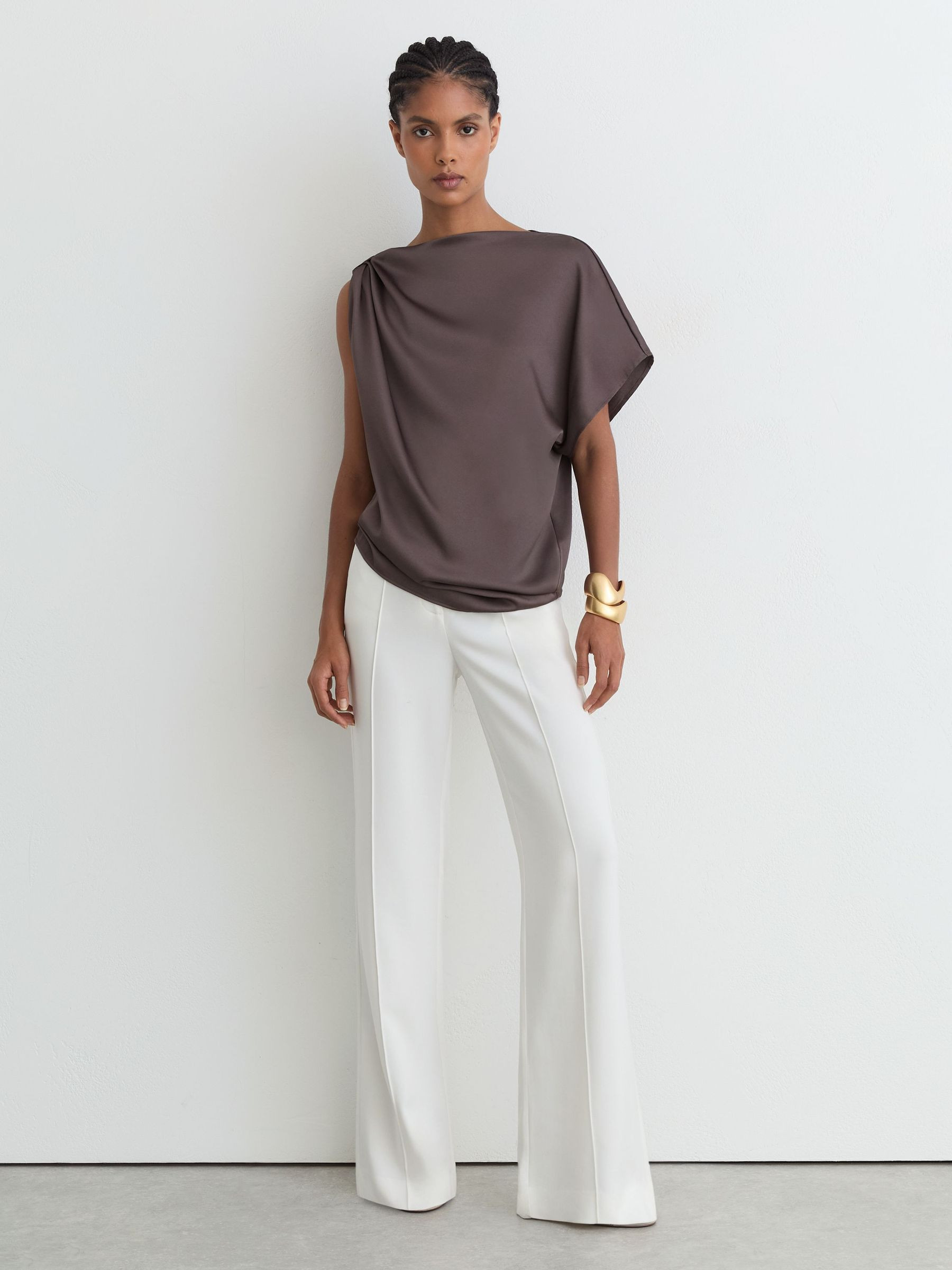 Satin Draped One-Shoulder Top in Mauve | Reiss UK