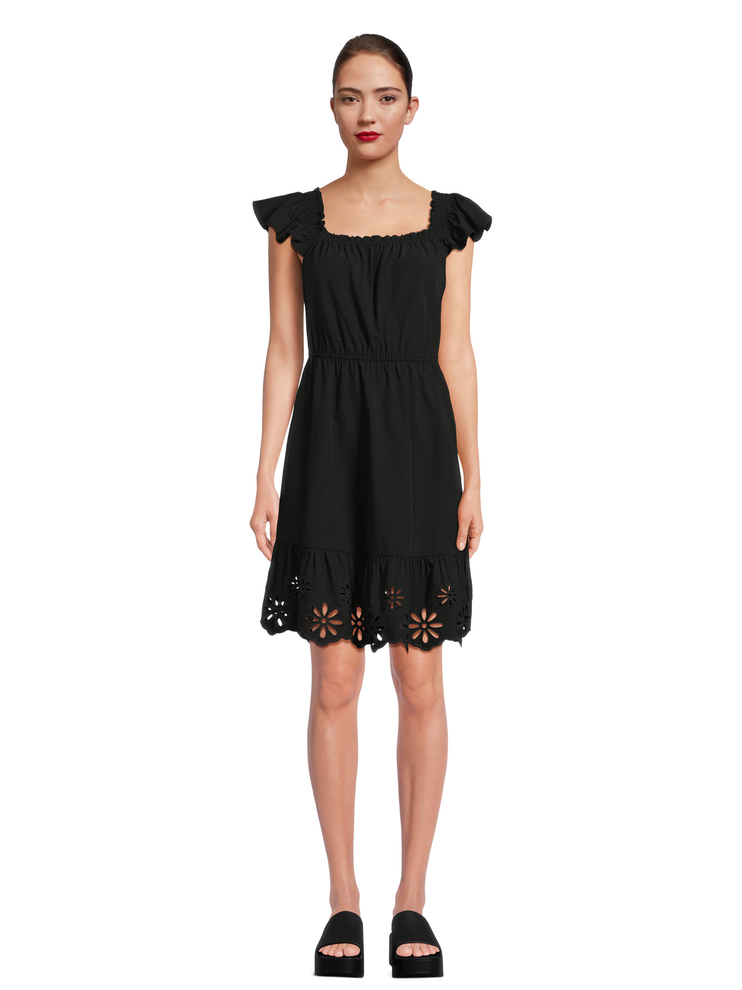 Time and Tru Women's Square Neck Eyelet Trim Mini Dress, Sizes XS-XXXL - Walmart.com | Walmart (US)