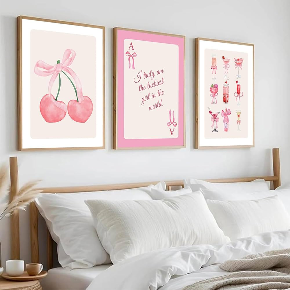 YHLARTQR 3Pcs Trendy Pink Cherry Bows Wall Art Coquette Preppy Wall Decor Posters Pink Cocktail P... | Amazon (US)