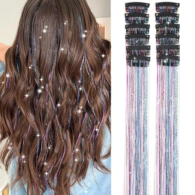 Hair Tinsel Pack of 12 Pcs Clip in Hair Tinsel 20 Inch Colorful Glitter Tinsel Hair Extensions Ti... | Amazon (US)