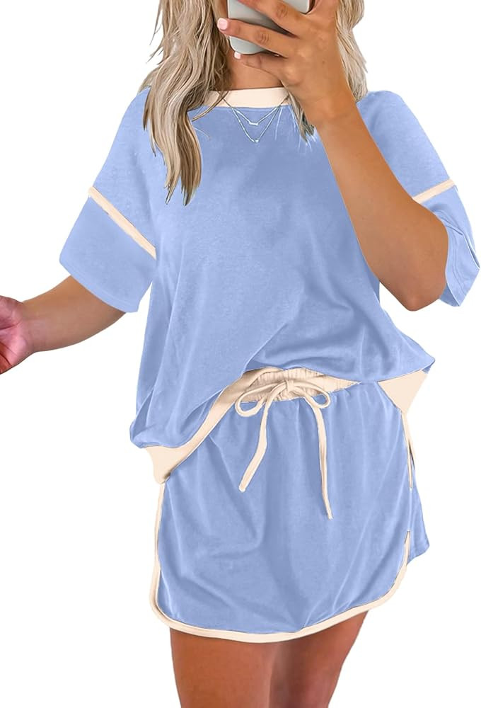 EVALESS Women's 2 Piece Sets Summer Casual Short Sleeve Tops Matching Drawstring Mini Skirt Going... | Amazon (US)