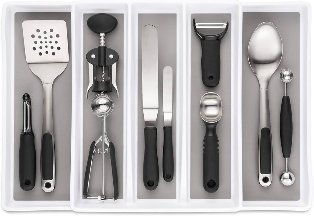 Expandable Utensil Tray Drawer Organizer, 5 Compartment Adjustable Serving Utensils Holder, Multi... | Amazon (US)