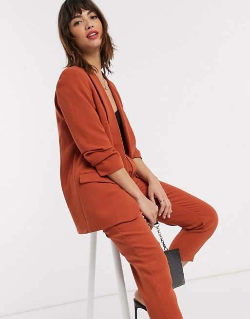 Stradivarius ruched sleeve blazer in orange | ASOS US