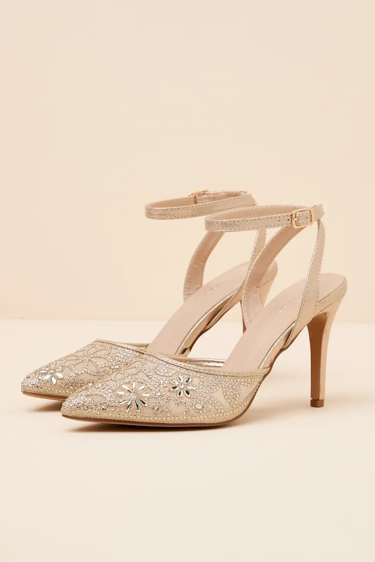 Fierria Champagne Rhinestone Pointed-Toe Ankle Strap Pumps | Lulus