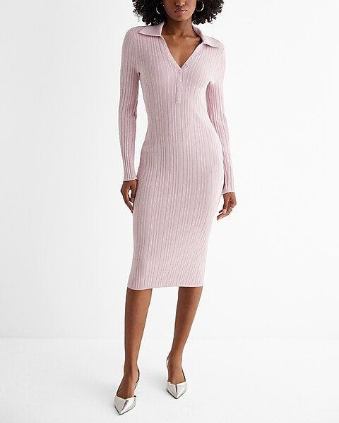 Ribbed Long Sleeve Polo Midi Sweater Dress | Express