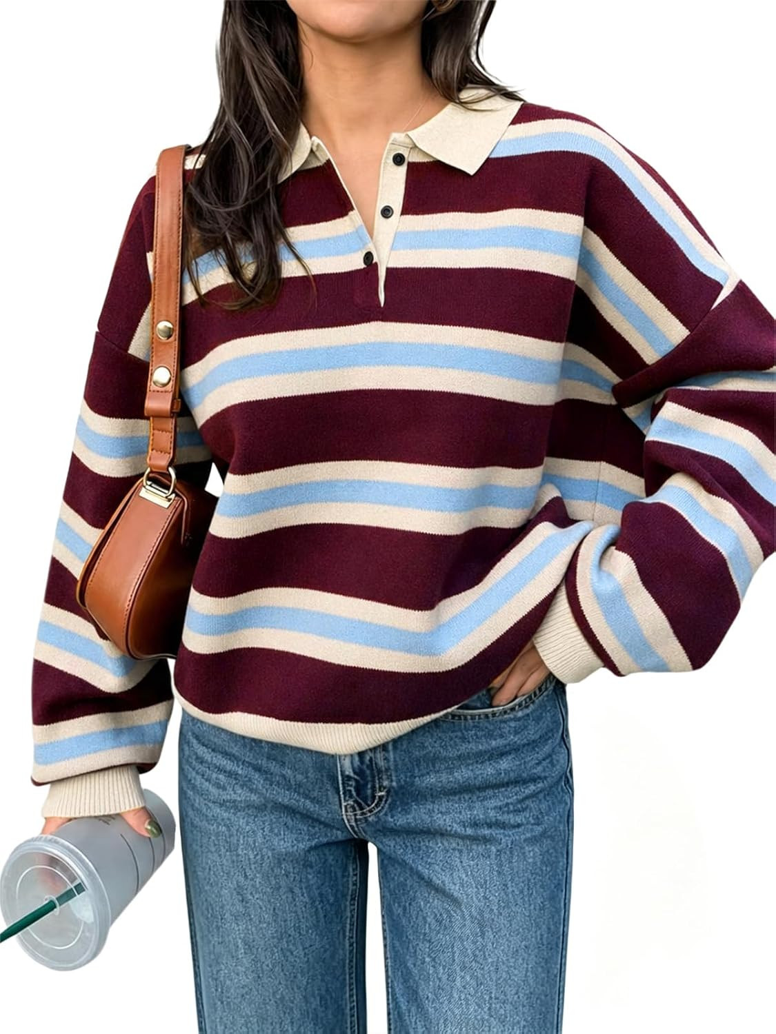 Tankaneo Sweaters for Women Striped Polo Sweater Casual Pullover Knit Tops | Amazon (US)