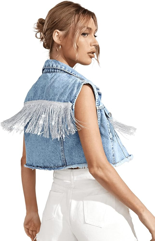 Verdusa Women's Fringe Raw Trim Sleeveless Denim Vest Jean Jacket Coat | Amazon (US)